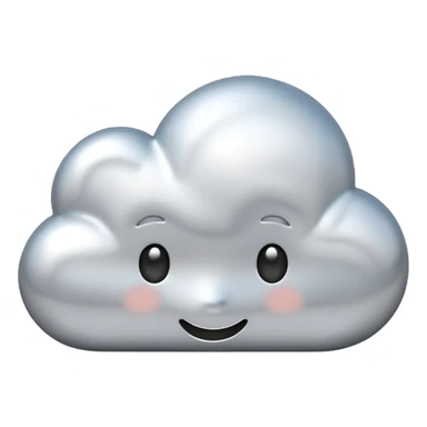 A cute cloud emoji made of silver chrome, smooth rounded shape, glossy metallic surface, soft reflections, minimal and friendly design, iOS emoji style, centered, clean white background, soft lighting sticker