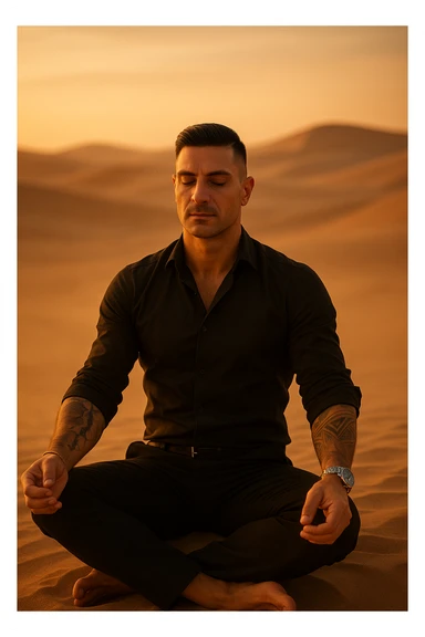 Man meditating alone in the desert at golden hour, sitting in a calm but grounded posture, radiating calm and powerful masculine energy. Minimalist surroundings, soft wind, dust in the air. Peaceful expression, symbolic of self-mastery and inner strength. Cinematic style. sticker