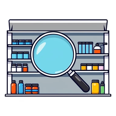 magnifying glass over empty product shelf searching sticker
