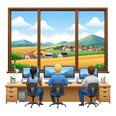 Employees of a startup company working on their computers while looking out the window at the rural landscape.  sticker