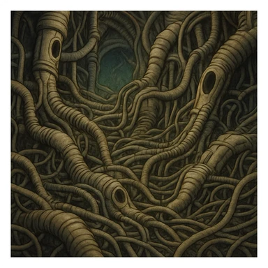 complex network of wires and tubes, biomechanical, Giger style, surreal atmosphere sticker