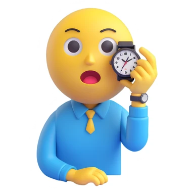 A yellow emoji face with a worried expression, looking at a wristwatch with raised eyebrows, showing urgency and stress sticker