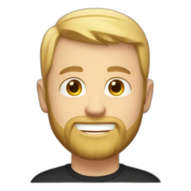 White guy, short bearded, no hair, blonde with a simple black t-shirt smiling sticker