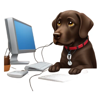 Chocolate lab working on computer with small headset , food on desk sticker