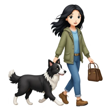 A girl with long black hair walking a Border Collie sticker