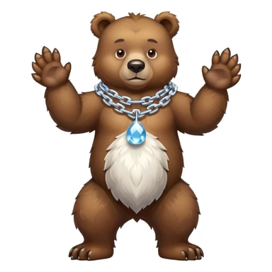 Complete full-length view of serious brown bear standing on four paws, showing entire body from nose to tail, with ice chain around neck sticker