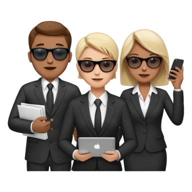 Команда в деловых костюмах из трёх человек. на переднем палне Мужчина впереди общается по смартфону, дальше женщина слева стоит с ноубуком, мужчина справа держит бумаги. У всех людей разные, но позитивные эмоции. Все троя в солнцезащитных очках sticker
