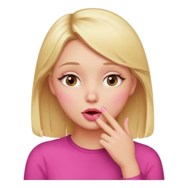 blonde girl with flushed cheeks, whispering gossip, surrounded by pink sticker