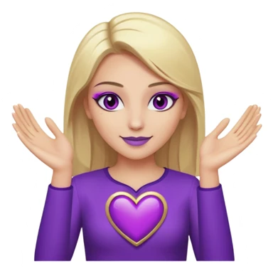 twitch emote, kinda chibi style. blonde hair: long, straight, no bangs. gray eyes. an eyebrow with a slit. purple eyeshadow/eyeliner with gold eyeshadow. only face and arms, hands visible. happy, holding a purple heart. white background. sticker