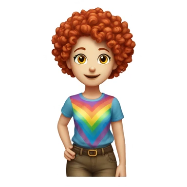 white girl with red curly hair, wearing a rainbow shirt doing a pose sticker