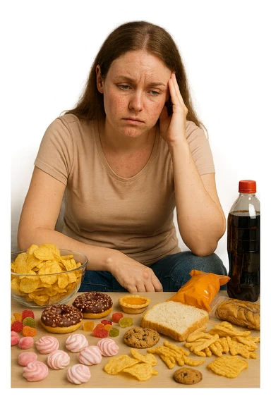 Donna tra i 25 e i 35 anni seduta sul divano o a un tavolo disordinato, circondata da cibi sparsi e poco sani: patatine, dolci, pane bianco, snack confezionati, bibite. con infiammazione e squilibri ormonali sticker