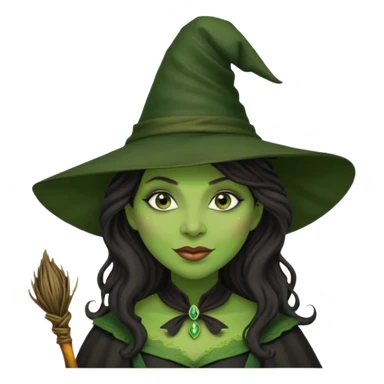 elphaba the wicked witch from wicked movie (cynthia erivo) dark long curly hair, thick lips, wide nose, green skins, witch hat, witch broom, evil, wicked musical film, evil smirk sticker
