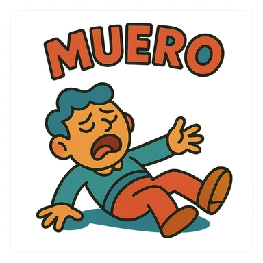 stylized dying little man with the word 'muoro', colorful cartoon style, soft lines, dramatic expression sticker