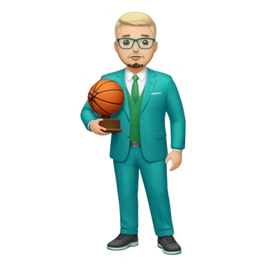 Full Body white male plus size body type  wearing glasses with a goatee with light blonde gray very short hair basketball head Coach in blue and green suit holding trophy sticker