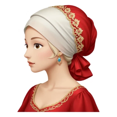 mujer de perfil con un vestido rojo de manga y falsas largas y voluptosas, y una toca blanca que cubre su cara sticker