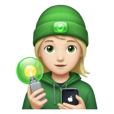 Teen hero in green beanie, holding glowing gadget.



































 sticker