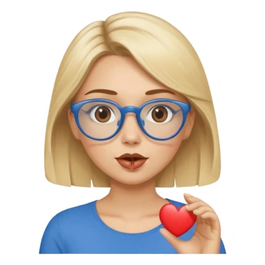 Asthectic Blonde women with brown eyes, blue glasses, waering a brown top, blowing a kiss with a small heart around her. sticker