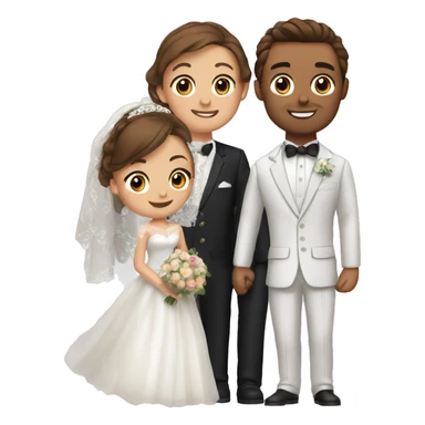 design an emoji with a bride with brown eyes and brown hair, standing next to her groom with brown hair and blue eyes sticker