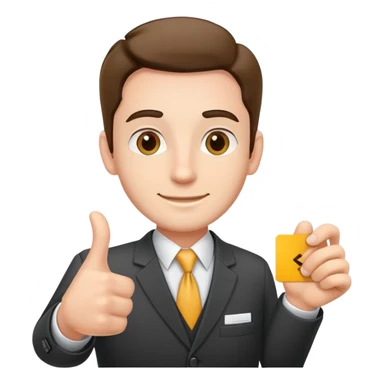 friendly salesman with a name tag, open hand gesture, business attire sticker