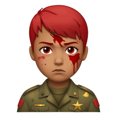 soldier, red skin tone, scowling, blood splatter on left cheek sticker