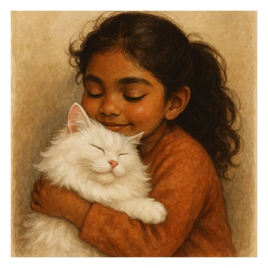 brown girl snuggling fluffy white cat, style 5 sticker
