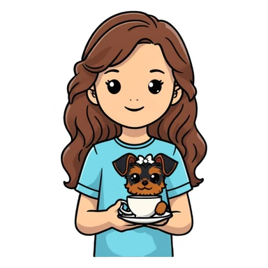 11 year old girl with freckles and long wavy brown hair, holding a teacup yorkie dog sticker