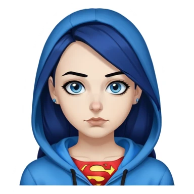 Laughing-30-year-old-adult-long-straight-dark-blue-hair-black-ends-blue-eyes-thick-black-eyeliner-really-thick-really-long-eye-lashes-sky-blue-superman-no-ears-hoodie-sweatshirt-nose-piercing-lip-piercing sticker