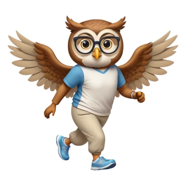 friendly anthropomorphised owl with visible wings, in pants and a shirt, wearing glasses, jogging upright, standard pose sticker