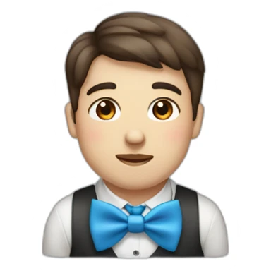 A young male tennager with big cheeks with a beauty spot on chin with a round face and very short brown hair and a mole on chin wearing a blue bow tie sticker