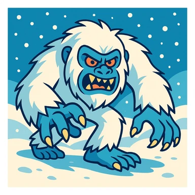 A Yeti creeping towards the viewer, snowy fur, menacing but cartoonish expression, visible claws, snowy background, dynamic pose sticker