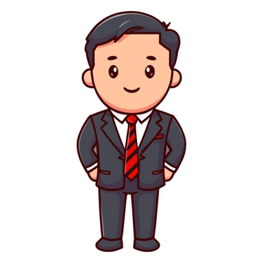 man wearing a suit with black horizontal stripes and a red tie sticker