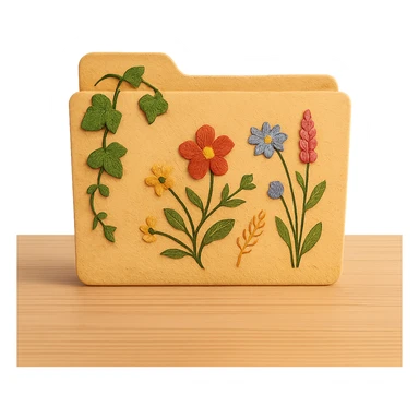 whimsical folder icon in cottagecore style, folder with floral embroidery, ivy, wildflowers, set on wooden desk, no text sticker