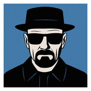 Walter White, Heisenberg persona, black hat and sunglasses, goatee, blue background, minimalist style sticker