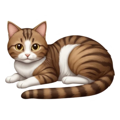 dark brown tabby and white cat with doing a big extremely long stretch reaching up into the air with arms and legs side by side together straight and overextended whilst lying on its side sticker