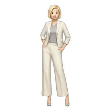 Full height Actively gesturing with hands pale skin woman with ash blonde Straightened bob Hair, White Spacious classical jacket, beige palazzo Arrow pants and gray blouse sticker