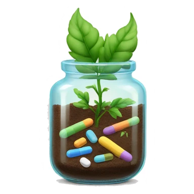 Glass jar with plant and pills as soil sticker