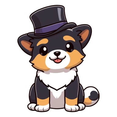 cute small dog with plain light tan fur, black nose, black round eyes, curly fluffy medium length hair, wearing a top hat sticker
