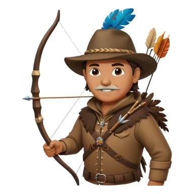 A classic middle-aged hunter with a bow and arrow on his back, dressed in brown clothes and decorated with feathers or bone teeth sticker