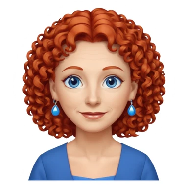 una profesora mayor simpática con el pelo rojo rizado, ojos azules, vestido azul y pendientes azules sticker