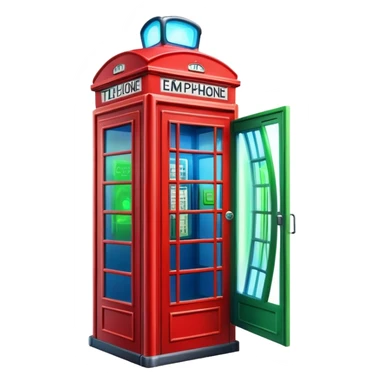 A red phone booth transformed into a time machine with glowing elements sticker