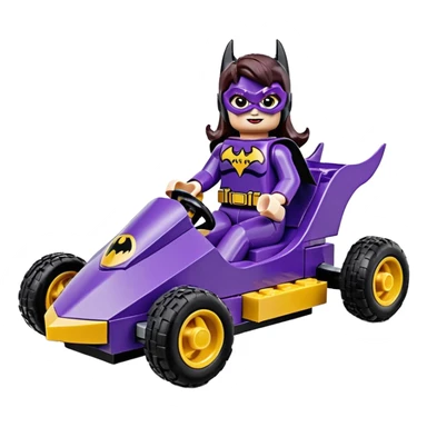 Hot full size real-appearance retro electric racing action BatGirl’s Lego feminine midnight-purple tight outfit sixty’s tv show 1992 stealthy retro sporty safe plush petite off-road pursuit cruiser car rose gold accents (black hair,reclined and relaxed torso seating position) go kart  sticker