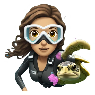 Woman Scuba diving underwater with a turtle, the woman should have brown wavy hair, brown eyes, white skin tone and pink mask / fins sticker