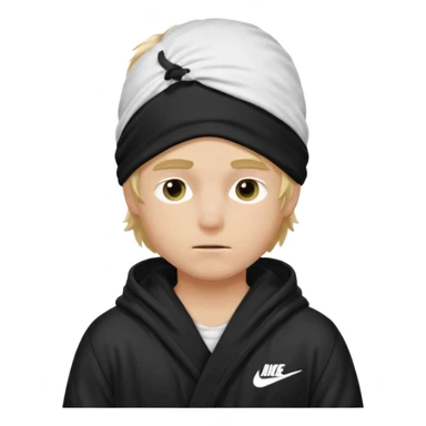 Create a blond boy with long, messy hair, light eyes, a white t-shirt, rich, with long hair, blue eyes, medium-length, voluminous hair, wearing a black Nike bathrobe and a little blush near his nose. and with a balaclava, type bandit balaclava covering the whole face[ sticker