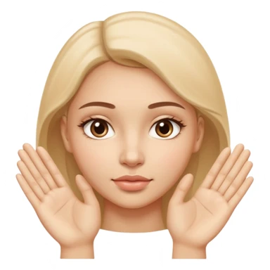Simple wellness-style emoji of a face with a hand gently pressing and guiding facial fullness downward and outward, showing reduced face fat and puffiness, clear slimming effect on cheeks, natural and healthy look, no makeup sticker