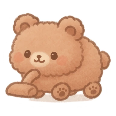 adorable kawaii chibi fluffy vacuum cleaner bear, tiny paw wheels, rolling, soft brown pastel, full-body sticker