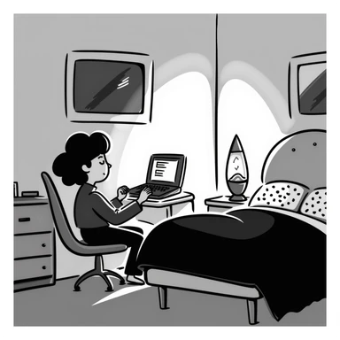 A bedroom lit by a lava lamp and an open laptop running early 2000s MSN Messenger

 sticker