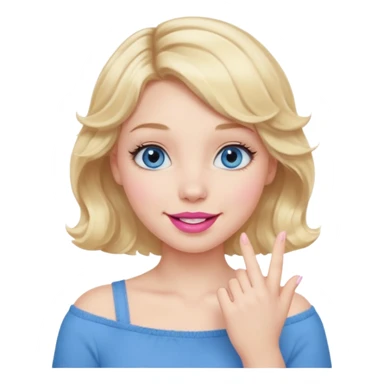 Girl Blonde short wavy hair,  blue eyes, cute blue top, long lashes, pink lips, smiling, hand over the mouth sticker