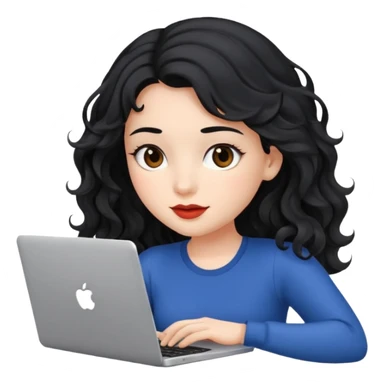 Beautiful girl, with black hair, with wavy hair, and with a laptop  sticker