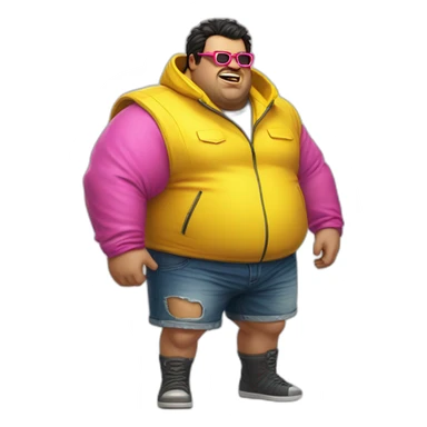 fat man with dark hair,a vibrant long yellow jacket, pink glasses, short jeans shorts. Show full lenght peson, person fighting a monster as superhero sticker