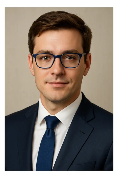 portrait of a young white man with brown hair, wearing blue-framed glasses and a business suit, exuding trust and respect, professional and confident expression sticker